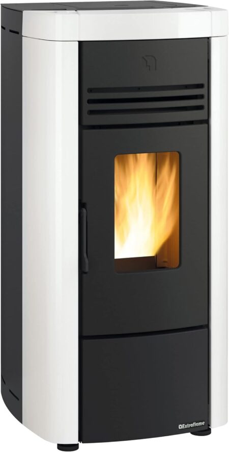 Extraflame Angela Evo Pelletofen 8 kW in Weiß mit Energieeffizienz A+ für modernes und sparsames Heizen im Wohnraum.