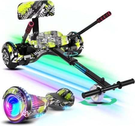 Sisigad Hoverboard mit Kart-Sitz 6,5 Zoll in Dinosaurier Grün mit Bluetooth Lautsprechern und LED Licht, Doppelmotor All-Terrain Hoverboard für Kinder