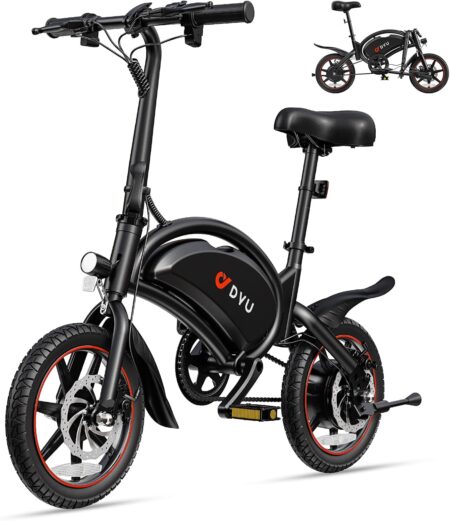 Schwarzes elektrofahrrad faltbar DYU D3S mit 14-Zoll-Rädern, Scheibenbremsen und kompaktem Klappdesign für Stadtfahrten.