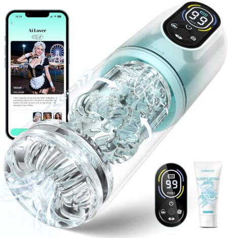 Automatischer KI Masturbator für Männer CXylovic in Cyan mit App Steuerung, LED Display und realistischer TPE Struktur für intensive Stimulation.
