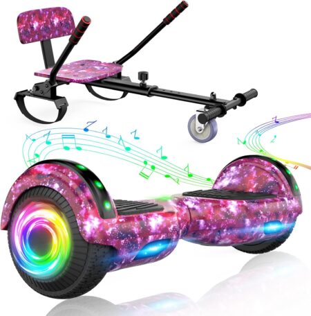 Sisigad Hoverboard Kart 6,5 Zoll mit Bluetooth Lautsprechern und LED Beleuchtung, selbstbalancierendes Hoverboard mit Kart Sitz für Kinder