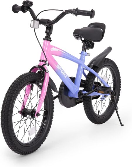 Kinder fahren ein kinderfahrrad 16 zoll bodioo in Violettverlauf mit Stützrädern auf sicherem Untergrund.