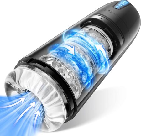 Produktbild eines freihändigen Masturbators für Männer mit 7 Saug- und 7 Rotationsmodi, ultra-realistischem Design und automatischer Stimulation für diskrete Anwendung im Alltag.