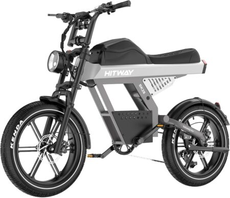 Schwarzes hitway elektro-mountainbike mit 20 x 4,5 Zoll Fatbike-Reifen, 48V Akku und hydraulischen Scheibenbremsen für jedes Gelände.