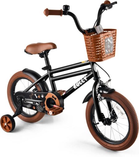 Kind fährt ein kinderfahrrad 12 16 zoll rully mit Stützrädern und Korb auf sicherem Weg im Freien.