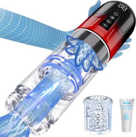 Produktbild eines freihändigen Masturbators für Männer mit abnehmbarem Ärmel, 7 Saug- und Rotationsmodi, Vibrations- und Wassermassagefunktion für realistische intime Stimulation.