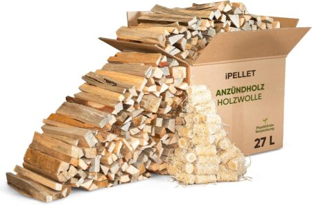 27 Liter Kiefer Anzündholz Box mit ca. 7 kg Inhalt inklusive Holzwolle Anzünder für schnelles und natürliches Entzünden von Kamin, Ofen und Grill.