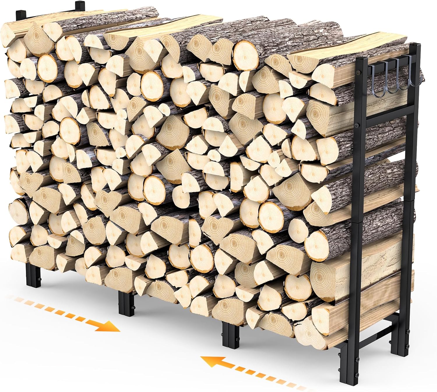 Verstellbares Metall Kaminholzregal 114x25x80 cm mit 4 Haken zur sicheren Lagerung von Brennholz für Innen- und Außenbereich im Garten und Kamin.