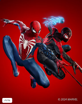 Marvel's Spider-Man 2 für PS5 mit den Helden Peter Parker und Miles Morales in einer actionreichen Stadtszene.