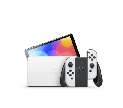 Nintendo Switch OLED Konsole mit OLED-Bildschirm und Joy-Con-Controllern für flexibles Gaming zuhause und unterwegs.