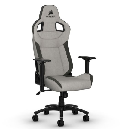 Ein eleganter corsair t3 rush gaming-stuhl in einem modernen Gaming-Zimmer mit Stoffbezug.
