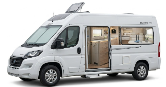 Der Knaus Boxstar 600 2026 kompakter Campervan steht modern auf einem Campingplatz und zeigt sein kompaktes Design für Reisen und Abenteuer.