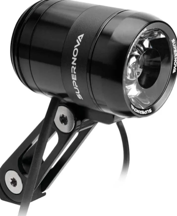 Supernova V1280 Frontscheinwerfer für E-Bikes mit schwarzem Aluminiumgehäuse und leistungsstarker TERRAFLUX-4-Linse.