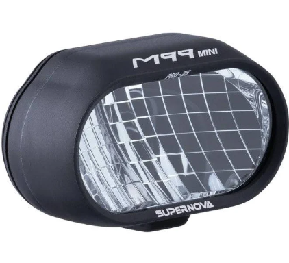 Supernova M99 Mini Pro 25 E-Bike Frontscheinwerfer mit schwarzem Aluminiumgehäuse und leistungsstarker LED-Technologie für optimale Sicht bei Nachtfahrten.