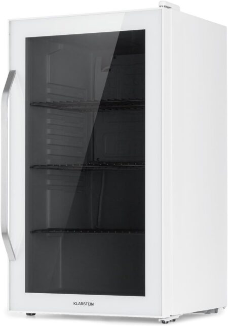 Moderner klarstein beersafe 80l getränkekühlschrank mit Glastür, LED-Beleuchtung und Metallablagen zur stilvollen Getränkekühlung.
