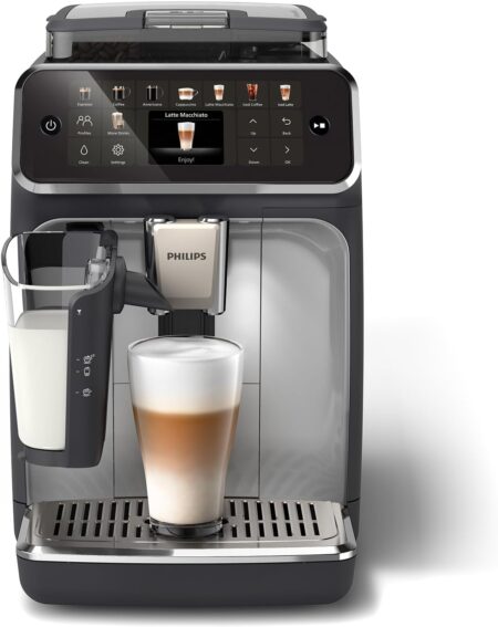 Philips 5500 kaffeevollautomat Espresso-Vollautomat in Schwarz und Silber mit LatteGo-System für Kaffee- und Milchspezialitäten in moderner Küche.