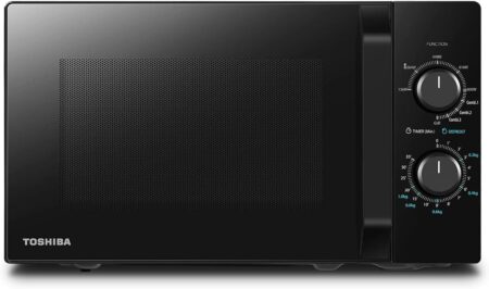 Schwarze Toshiba Mikrowelle 20 Liter mit Grillfunktion, LED-Beleuchtung und Kombinationsgaren für schnelles und gleichmäßiges Kochen.