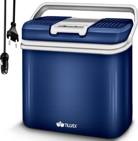Mobile tillvex kühlbox 24l mit 12v 230v Anschluss und ECO Modus zur Kühlung und Erwärmung von Lebensmitteln beim Camping und im Auto.