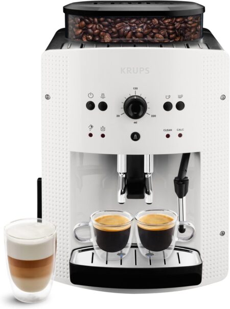 Krups Essential Kaffeevollautomat Weiß EA810570 mit integriertem Mahlwerk, Dampfdüse und automatischer Reinigung für aromatischen Kaffeegenuss.